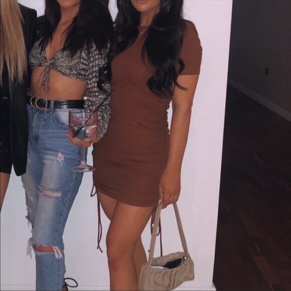 ZARA Ruched Short Ribbed Tee Shirt Side Tie Bodycon Mini Dress Rust Brown L - Picture 6 of 16